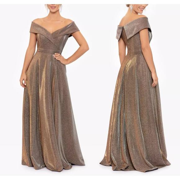 Xscape Evenings "Estelle" Off The Shoulder Metallic Glitter Dress Size 12 NWT - Picture 1 of 13
